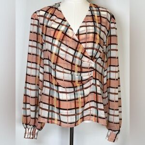 CAbi | The Whist Blouse Wrap Style Ruched Plaid Semi-Sheer Women’s Size Medium
